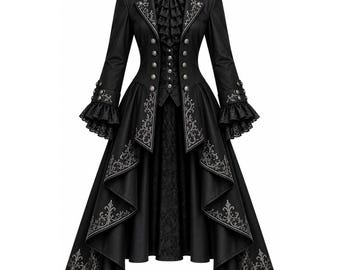 May include: A black long-sleeved coat featuring a high-low hemline, silver-toned buttons, and intricate silver embroidery along the lapels, cuffs, and skirt. The garment includes a ruffled jabot at the neckline and a central vest-like panel.
