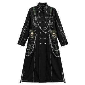 Men's Gothic Punk Long Trench Coat Black Military Jacket with Chains & Skulls