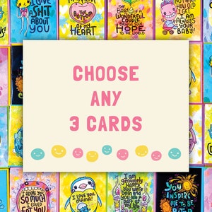 Choisissez un lot de 3 cartes de voeux fantaisistes | Dessins mignons | Des messages drôles mais sincères | Fabriqué au Canada | Toutes les occasions