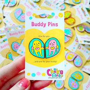 Pair of Cute Enamel Pins | Paired Accessory | Cute Design | BFF | Kawaii Character Illustration | Best Friends Pins | Matching Friendship