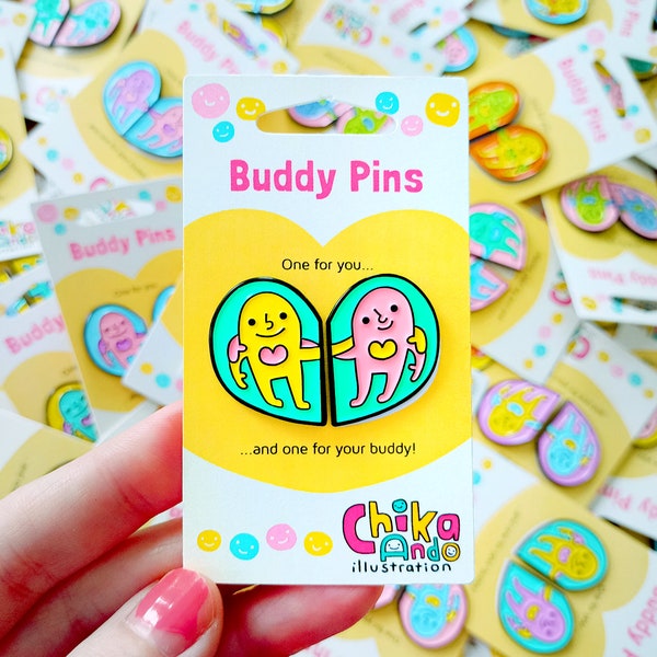 Pair of Cute Enamel Pins | Paired Accessory | Cute Design | BFF | Kawaii Character Illustration | Best Friends Pins | Matching Friendship