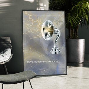 May include: A framed art print featuring a silver gramophone illustration against a swirling, abstract background. The text "PEARL MEMORY SYSTEM-VOL.09" is visible. A modern chair with cushions and a footstool are in the foreground.