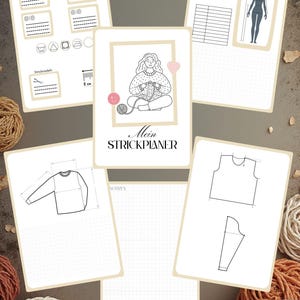 May include: A collection of illustrated knitting planner cards with a central card featuring a woman knitting. The cards include diagrams, measurement charts, and the text "Mein Strickplaner". Various yarn balls are scattered around the cards.