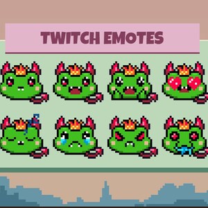 May include: A collection of eight pixelated green frog-like characters with various expressions, each wearing a crown. The image is labeled "TWITCH EMOTES" in a pink banner. The expressions include happy, sad, and angry.