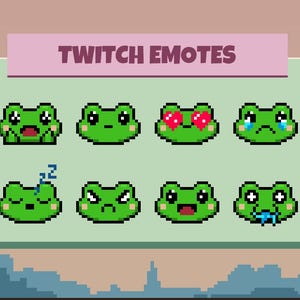 Peut inclure: Huit émoticônes de grenouilles vertes en pixel art avec diverses expressions, dont joyeuse, triste et endormie. Le texte "TWITCH EMOTES" est affiché au-dessus des graphiques de grenouilles sur un fond vert clair.