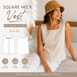 Peut inclure: Un gilet sans manches beige avec une encolure carrée et une fermeture boutonnée sur le devant. L'image contient le texte : SQUARE NECK Vest, PDF SEWING PATTERN, XS to 3XL, A4, A0, US LETTER, PRINT AT HOME, PDF PATTERN, DIGITAL PATTERN - NOT A FINISHED GARMENT.