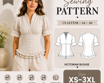 Victorian Blouse Ruffled Button Front Top,Size XS to 3XL (instant Download) Home Printing
