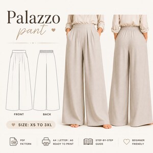 May include: A digital sewing pattern for beige palazzo pants, featuring a front and back technical line drawing, and a photograph showing the pants worn from the front and back. The text reads Palazzo pant, SIZE: XS TO 3XL, PDF PATTERN, A4 LETTER A0 READY TO PRINT, STEP-BY-STEP GUIDE, BEGINNER FRIENDLY.