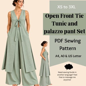 Op de afbeelding: Een PDF-naaipatroon voor een saliegroene tuniek met striksluiting aan de voorzijde en een palazzo-broek. De tekst luidt XS to 3XL, Open Front Tie Tunic and palazzo pant Set, PDF Sewing Pattern, A4, A0 & US Letter. De tuniek heeft een V-hals.