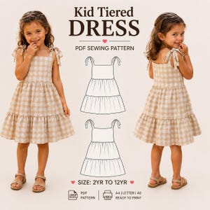 May include: A beige and white gingham tiered dress with shoulder ties, shown on a child from front and back views. The text reads Kid Tiered DRESS PDF SEWING PATTERN, SIZE: 2YR TO 12YR, PDF PATTERN, A4 | LETTER | A0 READY TO PRINT.