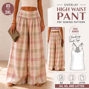 May include: High waist pants PDF sewing pattern featuring a plaid fabric in shades of pink, beige, and green. The design includes a wide-leg silhouette and side button details. Includes a free bonus Climbing Tank Top pattern in A4, A0, and Letter sizes.