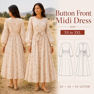 May include: A beige midi dress with a small floral pattern, long sleeves, and a button-front closure with a waist tie. The image includes the text Button Front Midi Dress, XS to 3XL, A0, A4, US LETTER, and technical line drawings of the garment.