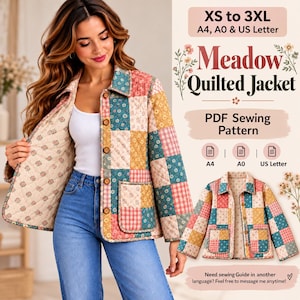 May include: A quilted jacket featuring a patchwork design of floral and plaid patterns in muted tones of pink, blue, and yellow. The jacket has a collar, front buttons, and two patch pockets. Text reads: Meadow Quilted Jacket, XS to 3XL.
