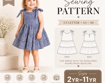 Girls Tiered Tie Shoulder Dress Sewing Pattern (2-11 Years) (A0, A4, Letter PDF)