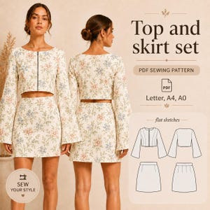 May include: A two-piece set consisting of a cropped long-sleeve top with a front zipper and a matching mini skirt, both featuring a floral pattern in blue, pink, and green on a cream background. Includes text: Top and skirt set, PDF SEWING PATTERN.