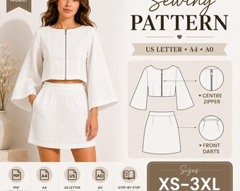 Linen Skirt and Crop Top Sewing Pattern (Sizes XS-3XL) (PDF Download),home printing