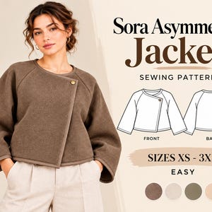 Puede incluir: Un patrón de costura para chaqueta asimétrica Sora en color marrón, que muestra una chaqueta corta de manga larga con cierre de un solo botón. El gráfico incluye dibujos lineales frontales y traseros, tallas XS-3XL y cuatro muestras de color.