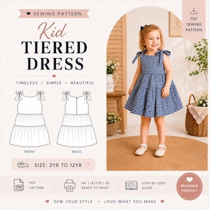 Peut inclure: Un patron de couture numérique pour une robe à étages pour enfant, avec le texte Kid TIERED DRESS, TIMELESS SIMPLE BEAUTIFUL et SIZE: 2YR TO 12YR. L'image montre un dessin technique de la robe et une photo d'un enfant portant une robe à carreaux vichy bleu et blanc avec des nœuds aux épaules.