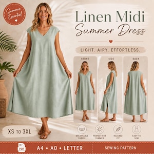 May include: A sage green sleeveless midi dress with a V-neckline and side slits. The image displays the dress from front, side, and back views, labeled as a sewing pattern available in sizes XS to 3XL, including A4, A0, and letter formats.