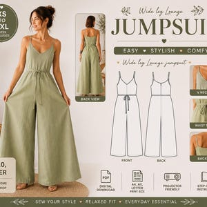 Naaipatroon voor een jumpsuit met wijde pijpen voor dames – Romper met V-hals, XS-3XL (digitale download) Thuis printen