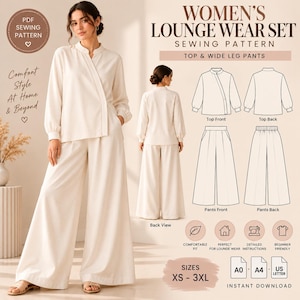 May include: A PDF sewing pattern for a lounge wear set including a long-sleeved wrap top and wide-leg trousers. The set is shown in cream fabric with technical line drawings displaying front and back views of the top and trousers, plus size range XS-3XL.