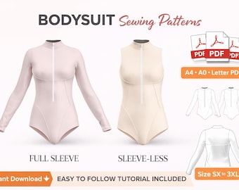 Patrones de costura para body de manga larga y sin mangas en formato PDF para descargar. Patrón para top DIY, plantilla para body DIY. Incluye tutorial sencillo.