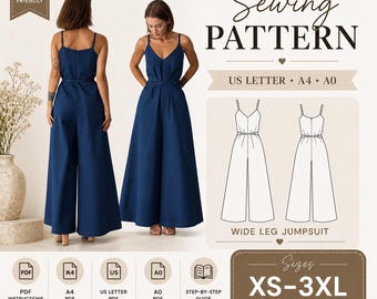 Wide Leg Jumpsuit Sewing Pattern, V-Neck, Spaghetti Straps, Beginner Friendly (XS-3XL) home printing