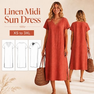 Könnte beinhalten: Ein rostfarbenes Leinen-Midikleid mit kurzen Ärmeln, V-Ausschnitt und Seitenschlitzen. Das Bild enthält den Text "Linen Midi Sun Dress" und "XS to 3XL" sowie drei technische Strichzeichnungen, die die Vorder-, Rück- und Seitenansicht zeigen.