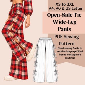 May include: Wide-leg pants with a red and black plaid pattern featuring open sides secured by multiple fabric ties. The image includes a technical line drawing of the pants and text: XS to 3XL, A4, A0 & US Letter, Open-Side Tie Wide-Leg Pants PDF Sewing Pattern.