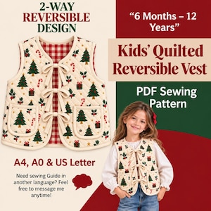 May include: A quilted reversible vest featuring a cream background with a Christmas tree, candy cane, and gift pattern. The vest has three front ribbon ties and two pockets. Text includes 2-WAY REVERSIBLE DESIGN, 6 Months – 12 Years, Kids' Quilted Reversible Vest, PDF Sewing Pattern, and A4, A0 & US Letter.