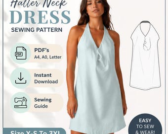 Halter Neck Mini Dress Sewing Pattern, Size XS to 3XL A-Line (PDF Download)