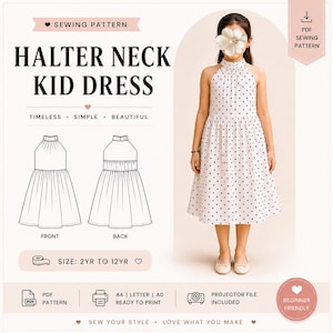 May include: A PDF sewing pattern for a halter neck kid dress with a white and black polka dot print. The pattern includes front and back line drawings, sizing from 2yr to 12yr, and is compatible with A4, letter, and A0 paper sizes and projectors.