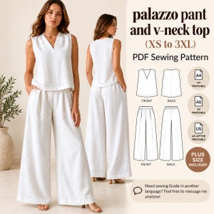 May include: A white sleeveless v-neck top and wide-leg palazzo trousers set. The image includes text: palazzo pant and v-neck top (XS to 3XL) PDF Sewing Pattern, with technical line drawings showing front and back views for A4, A0, and US letter sizes.