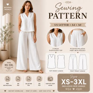 May include: A sewing pattern for a V-neck sleeveless top and pleated palazzo pants with pockets. The pattern includes sizes XS-3XL and is beginner-friendly. The image shows a woman wearing the outfit. The text on the image says "Sewing Pattern".