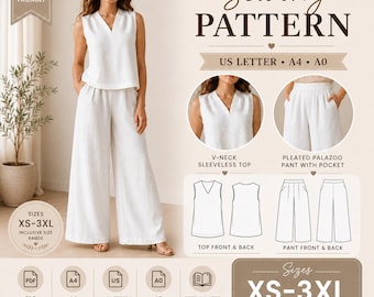 Palazzo Pants and V-Neck Top Sewing Pattern – Relaxed Fit Loungewear Set (PDF Download) _ Linen Set PDF Pattern