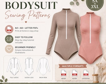 Moldes para costura de body com manga comprida e sem mangas em PDF para download, molde de blusa faça você mesmo