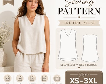Sleeveless V-Neck Blouse Sewing Pattern, Loose Fit Blouse, Pdf's XS-3XL