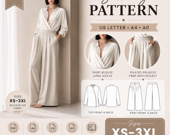 Shirt Blouse and Palazzo Pants Sewing Pattern (Digital PDF) XS-3XL,home printing