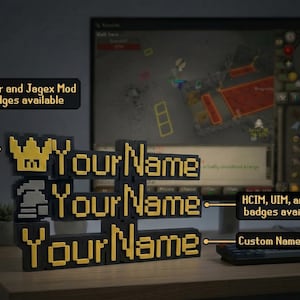 Custom Old School RuneScape Name Plate with Mod Crown and Iron Man Icons