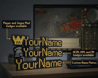 Custom Old School RuneScape Name Plate with Mod Crown and Iron Man Icons