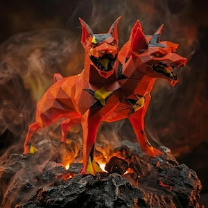 Puede incluir: Una escultura geométrica de un perro de dos cabezas en tonos de rojo, naranja y amarillo, con detalles en negro. La escultura está posada sobre una superficie rocosa con un fondo ardiente y humeante. Las bocas de los perros están abiertas, revelando lenguas amarillas.