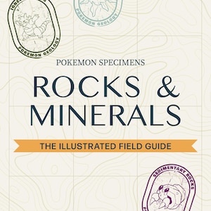 Może przedstawiać: Okładka książki "Skały i Minerały" z serii "Okazy Pokemon". Okładka zawiera ilustracje postaci Pokemon w wzorach przypominających stemple, z tekstem "The Illustrated Field Guide".
