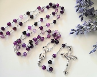 Handmade 5-Decade Purple Agate Gemstone Bead Rosary – 6mm Beads - Catholic