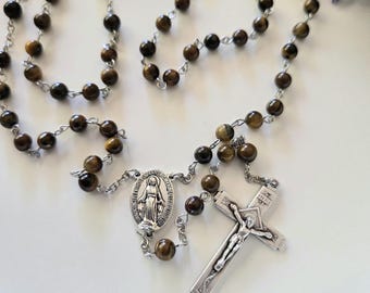 Handmade 5-Decade Brown Tiger Eye Gemstone Bead Rosary Necklace – 6mm Beads - Traditional Catholic Prayer Beads