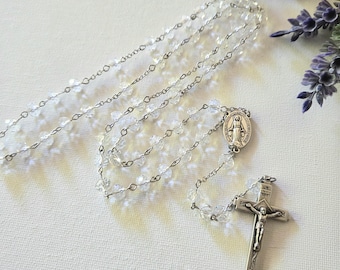 Handmade 5-Decade Clear White Faceted Glass Bead Rosary – 6mm Beads - Catholic