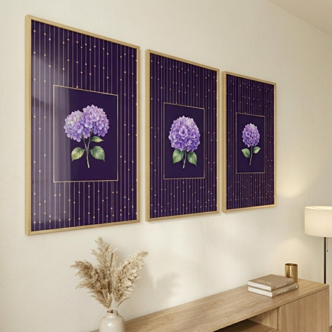 Purple Hydrangea Wall Art Set of 3 | Floral Maximalist Print | Gold ...