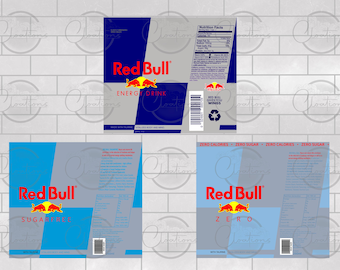 May include: Three rectangular Red Bull energy drink labels featuring the iconic red bull logo, brand text, and nutritional information. The designs include the original blue and silver, light blue sugar-free, and light blue zero sugar versions with barcodes and recycling symbols.