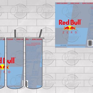 May include: A cylindrical tumbler featuring a light blue and grey design inspired by a Red Bull Zero can. The tumbler includes a lid and straw, with the Red Bull logo, the text Zero, and nutritional information printed on the exterior surface.