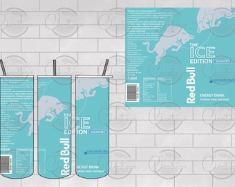 May include: A cylindrical tumbler featuring a light blue Red Bull The Ice Edition Sugarfree energy drink design. The wrap includes the Red Bull logo, a white bull graphic, nutritional information, a barcode, and the text Iced Vanilla Berry.