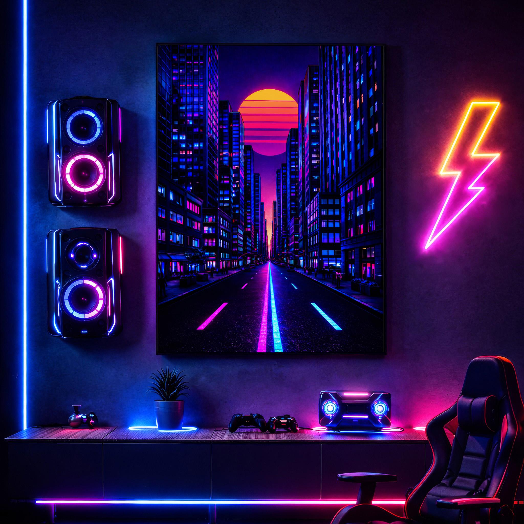 Neon Vaporwave City Wall Art Printable – Retro 80s Synthwave Sunset ...
